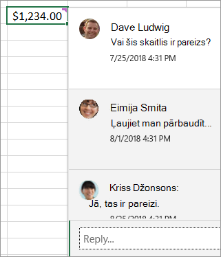 Šūna ar $ 1,234.00 un pievienotu komentāru ar pavedieniem: Deivs Ludvigs: Vai šis skaitlis ir pareizs? Eimija Smita: Ļaujiet man pārbaudīt... utt