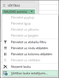 Excel vērtību lauku iestatījumu dialogs