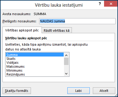 Excel vērtību lauku iestatījumu dialogs opcijām Summēt vērtības pēc