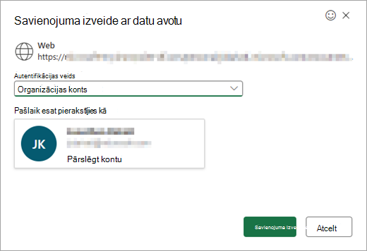 Parāda logu Izveidot savienojumu ar datu avotu ar nolaižamo izvēlni autentifikācijas tipa atlasei.