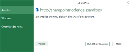 Excel Power Query savienojuma izveide ar SharePoint sarakstu Savienojuma izveides dialogs
