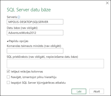 Power Query SQL Server Datu bāzes savienojuma dialoglodziņš