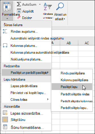 Darblapu paslēpšana vai paslēpto parādīšana sākumlapā. > Šūnas > Format > VIsibility > Hide & Unhide