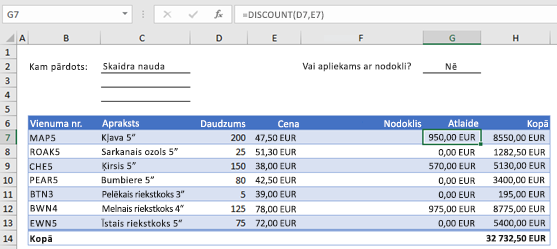 Pasūtījuma veidlapas ar pielāgotu funkciju piemērs