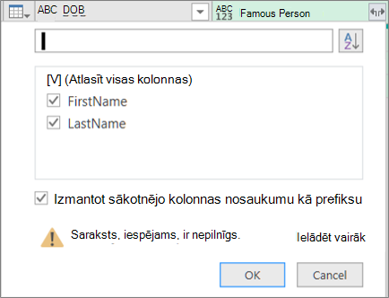 Noklikšķināšana uz strukturētas ierakstu kolonnas izvēršanas