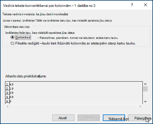 Dialoglodziņa Datu > teksts par kolonnām attēls