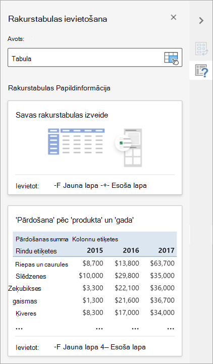 Rūtī Rakurstabulas ievietošana varat iestatīt rakurstabulas avotu, mērķi un citus aspektus.