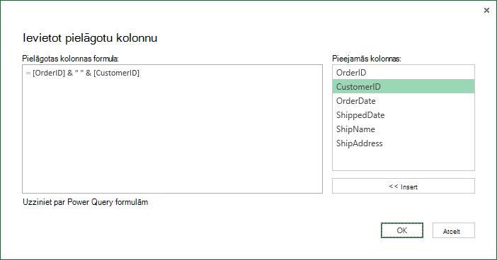 Pielāgotas kolonnas formulas norādīšana, lai sapludinātu kolonnas vērtības