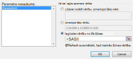 MS vaicājuma parametru dialoglodziņš