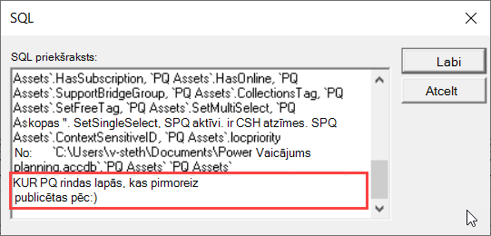 MS Query SQL skats, kurā izcelta klauzula WHERE