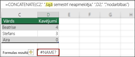 Kļūda #NAME?, kuru izraisījis dubulto pēdiņu iztrūkums teksta vērtībās