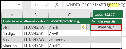 Kļūda #NAME?, kuru izraisījis kola iztrūkums diapazona atsaucē