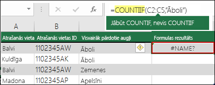 Kļūda #NAME?, kuru izraisījusi pārrakstīšanās kļūda sintaksē