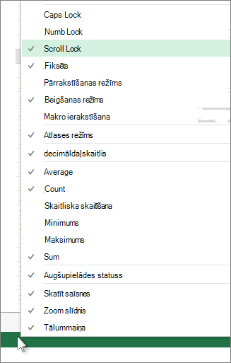 Ar peles labo pogu noklikšķiniet uz statusa joslas, lai pielāgotu