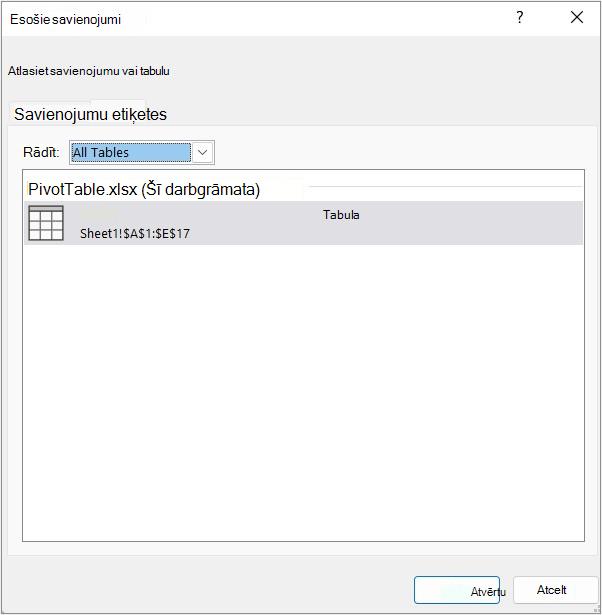 Cilne Tabulas dialoglodziņā Esošie savienojumi