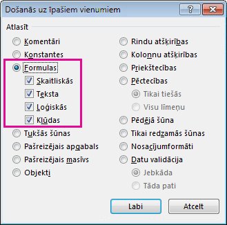 Opcijas formulu atrašanai lodziņā Došanās uz īpašiem vienumiem