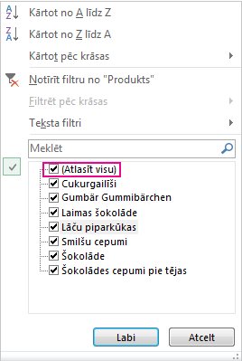 Izvēles rūtiņa Atzīmēt visu kārtošanas un filtrēšanas galerijā