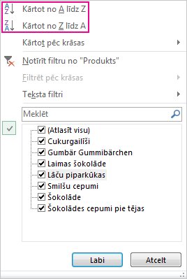 Kārtošanas komandas kārtošanas un filtrēšanas galerijā