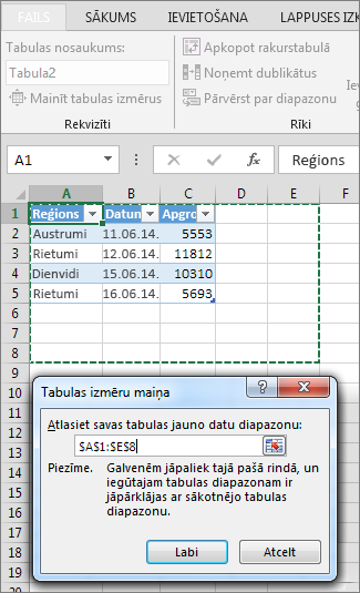 Tabulas izmēru maiņa