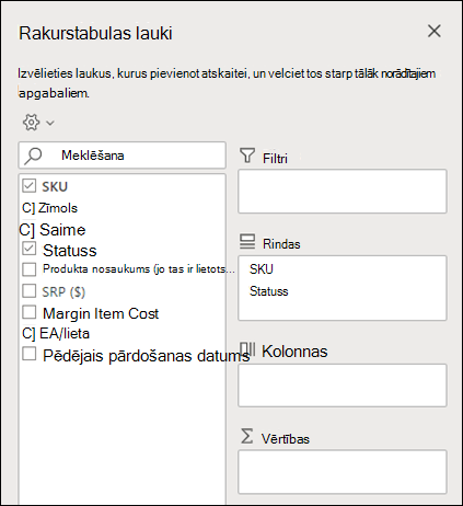 Rakurstabulas lauki programmā Excel tīmeklim
