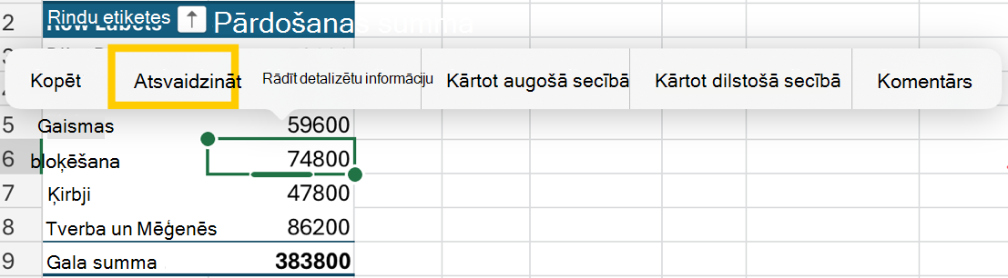 Atsvaidziniet rakurstabulu no kontekstizvēlnes ierīcē iPad.