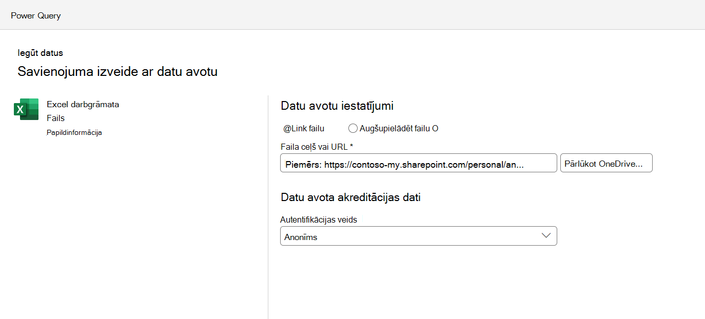 Datu avota savienojuma iestatījumu izvēlne,