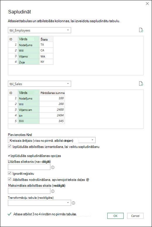 Power Query izplūdušās sapludināšanas opcijas