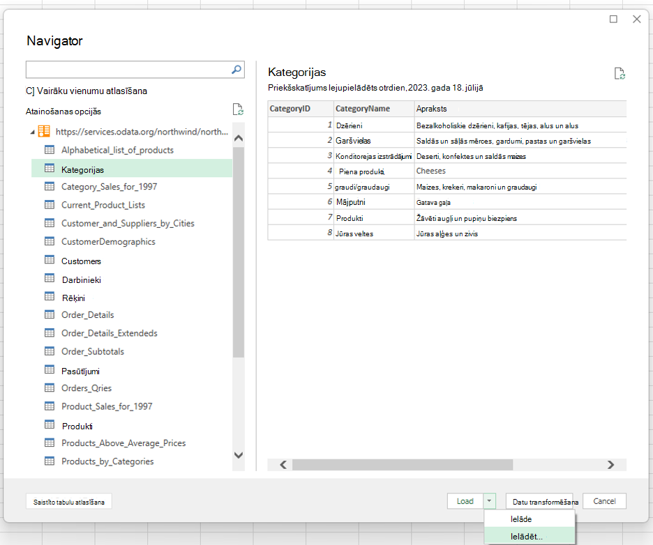 Iestatiet Power Query savienojumu ar Python programmā Excel. Izvēlieties kategoriju tabulu no OData.