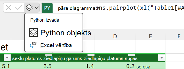 Izmantojiet Python izvades izvēlni blakus formulu joslai, lai mainītu izvades tipu.
