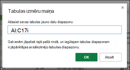 Tabulas izmēru maiņas dialogs