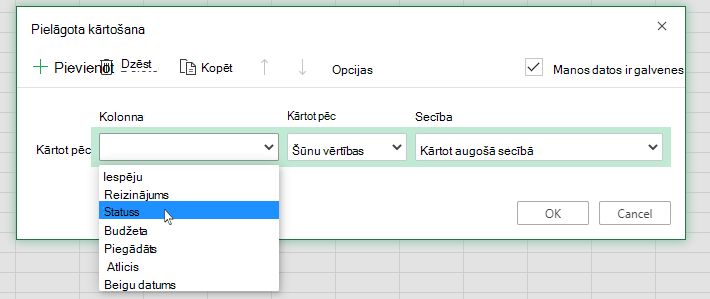 Kolonnas atlasīšana pielāgotas kārtošanas dialoglodziņā