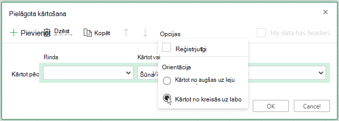 Pielāgotā kārtošana, atveriet izvēlni Opcijas un atlasiet kārtot no kreisās uz labo pusi