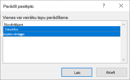 Dialoglodziņš Paslēptā parādīšana.