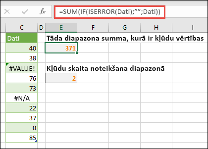 Izmantojiet masīvus, lai novērstu kļūdas. Piemēram, =SUM(IF(ISERROR(Data),,Data) summēs diapazonu ar nosaukumu Data pat tad, ja tajā būs kļūdas, piemēram, #VALUE! vai #NA!.
