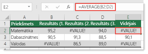 Kļūda #VALUE! funkcijā AVERAGE