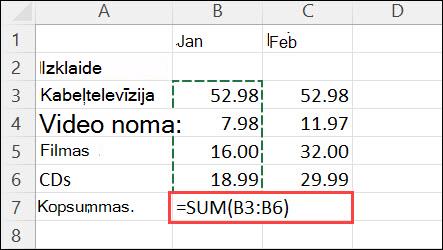 Formula, kas izveidota, noklikšķinot uz Sākums > Automātiskā summēšana