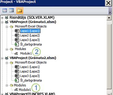 VBA projekta pētnieka rūts, kurā redzami VBAProject Book1.xlsm un VBAProject Book2.xlsm projektu koki. Numurs 1 atzīmē Modulis1 mapē Book2.xlsm Moduļi, un numurs 2 atzīmē mapi Moduļi zem Book1.xlsm, norādot, kur vilkt moduli, lai to kopētu.