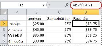 Procentuālās vērtības aprēķina formulas piemērs