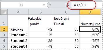 Procentuālās vērtības aprēķina formulas piemērs