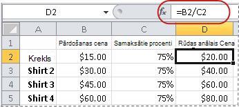 Procentuālās vērtības aprēķina formulas piemērs