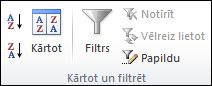 Kārtošanas un filtra grupa cilnē Dati