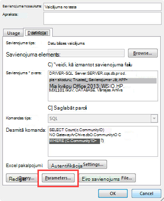 Dialoglodziņš Savienojuma rekvizīti
