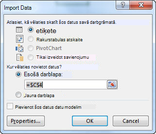Dialoglodziņš Datu importēšana programmā Excel
