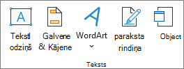 Ekrānuzņēmums, kurā redzama cilnes Ievietošana grupa Teksts.