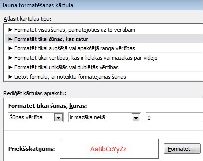 Nosacījumformatēšanas kārtula, kas skaitļus, kuri mazāki par 0, rāda sarkanā krāsā