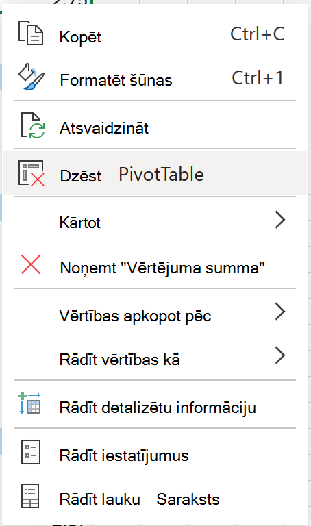 Izdzēsiet rakurstabulu no kontekstizvēlnes tīmeklī.