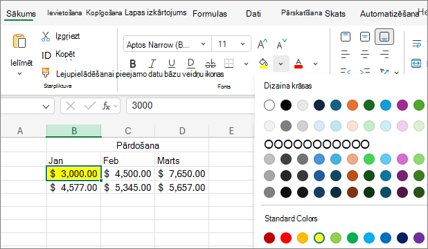 Ekrānuzņēmums, kurā redzama citas teksta krāsas izvēle.
