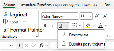 Ekrānuzņēmums ar pogu grupu Fonts, kas paredzētas lietošanai, mainot fonta stilu šūnā.