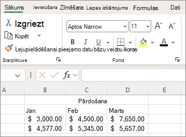 Ekrānuzņēmums ar lentē esošajām fonta iestatījumu pogām.