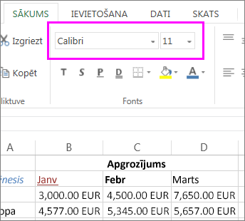 Ekrānuzņēmums ar nolaižamo sarakstu Izvēlieties citu fonta lielumu.